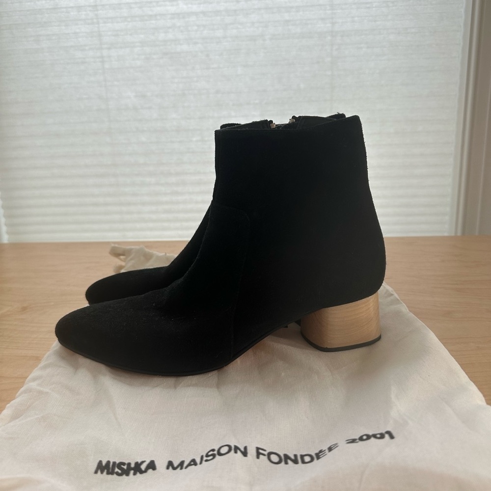 Mishka Black Suede Wood Block Heel Ankle Boots Sz 38